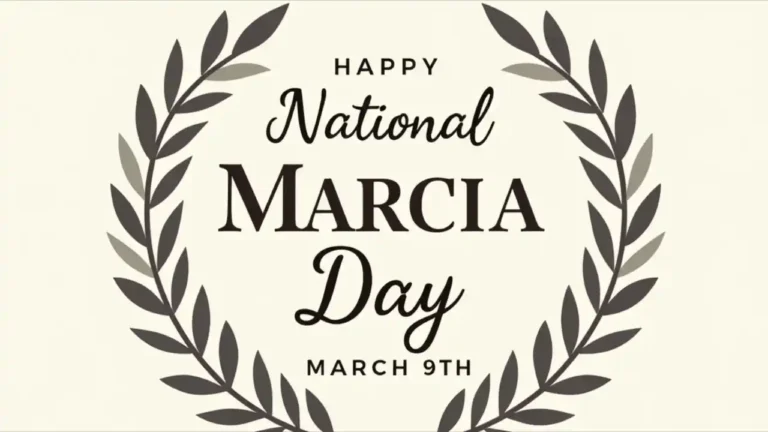 A decorative text displaying "National Marcia Day - March 9th" with elegant lettering, featuring a laurel wreath symbolizing the name's Latin origins and connection to ancient Rome