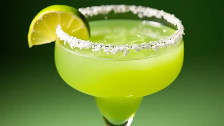 A colorful margarita glass rimmed with salt, filled with lime-green cocktail and garnished with a fresh lime wedge, set against a festive background celebrating National Margarita Day