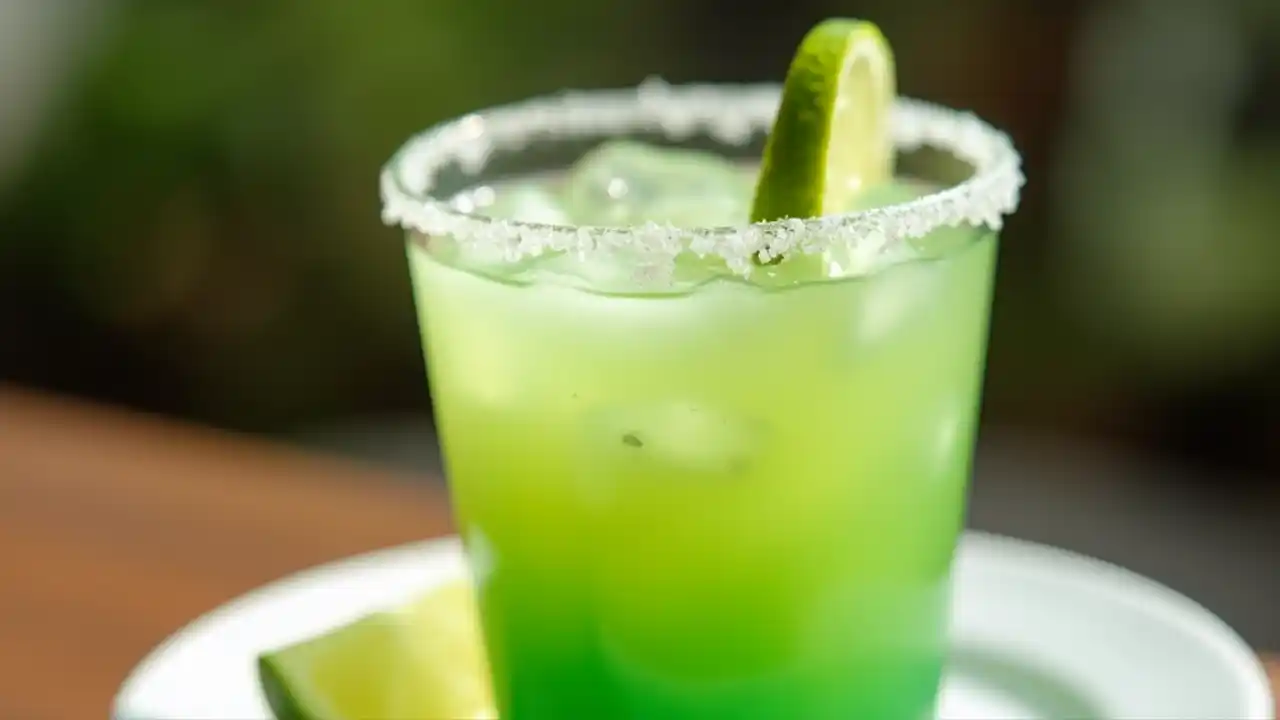 A vibrant margarita glass rimmed with salt, filled with lime-green cocktail and garnished with a fresh lime wedge against a festive background