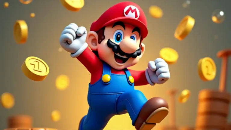 A colorful illustration of Mario, Nintendo's iconic plumber, jumping joyfully with his fist raised, wearing his signature red cap and overalls against a background featuring classic Super Mario game elements like question mark blocks and coins