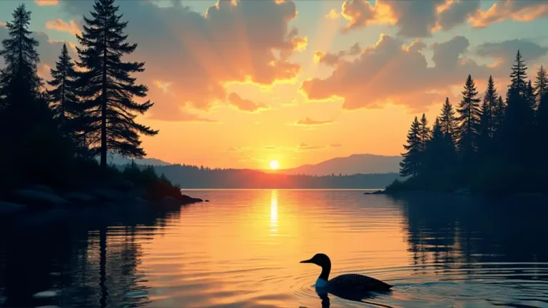A scenic Minnesota landscape featuring a serene lake surrounded by pine trees, with the state's iconic loon bird gliding on the water during sunset