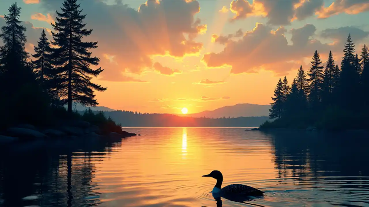 A scenic Minnesota landscape featuring a serene lake surrounded by pine trees, with the state's iconic loon bird gliding on the water during sunset