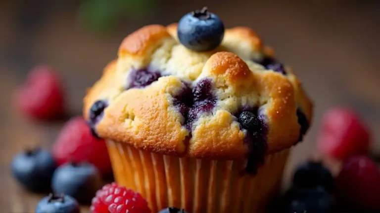 A freshly baked golden-brown blueberry muffin with a perfectly domed top, sitting on a rustic wooden table with scattered berries and crumbs around it