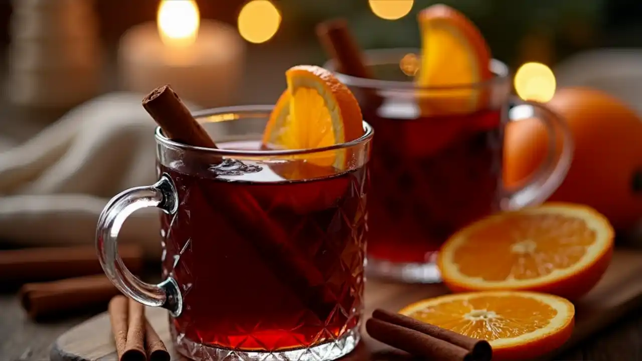 A steaming glass of dark red mulled wine garnished with cinnamon sticks, star anise, and orange slices, set against a cozy winter background with twinkling lights