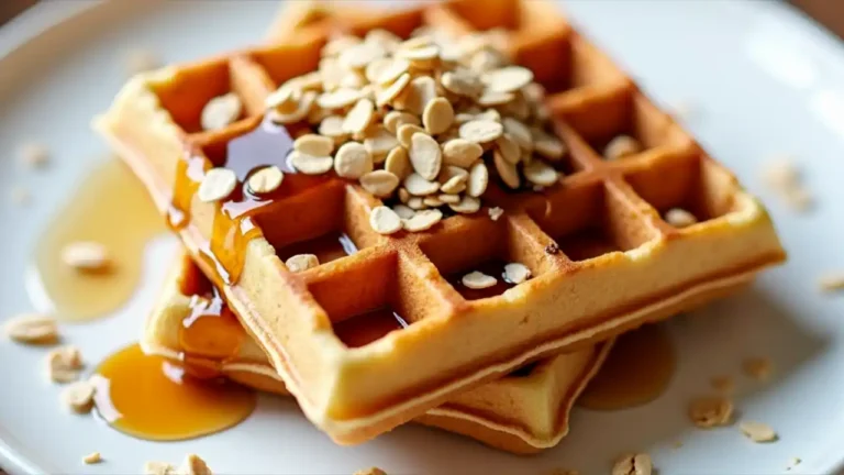 A golden-brown, crispy waffle with visible oats and chopped nuts scattered throughout, served on a white plate with maple syrup drizzling down its ridges