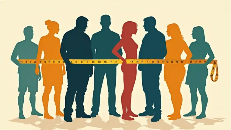 A silhouette of diverse people standing together with a measuring tape wrapped around them, symbolizing the collective effort to raise awareness about obesity and promote healthy living on National Obesity Day