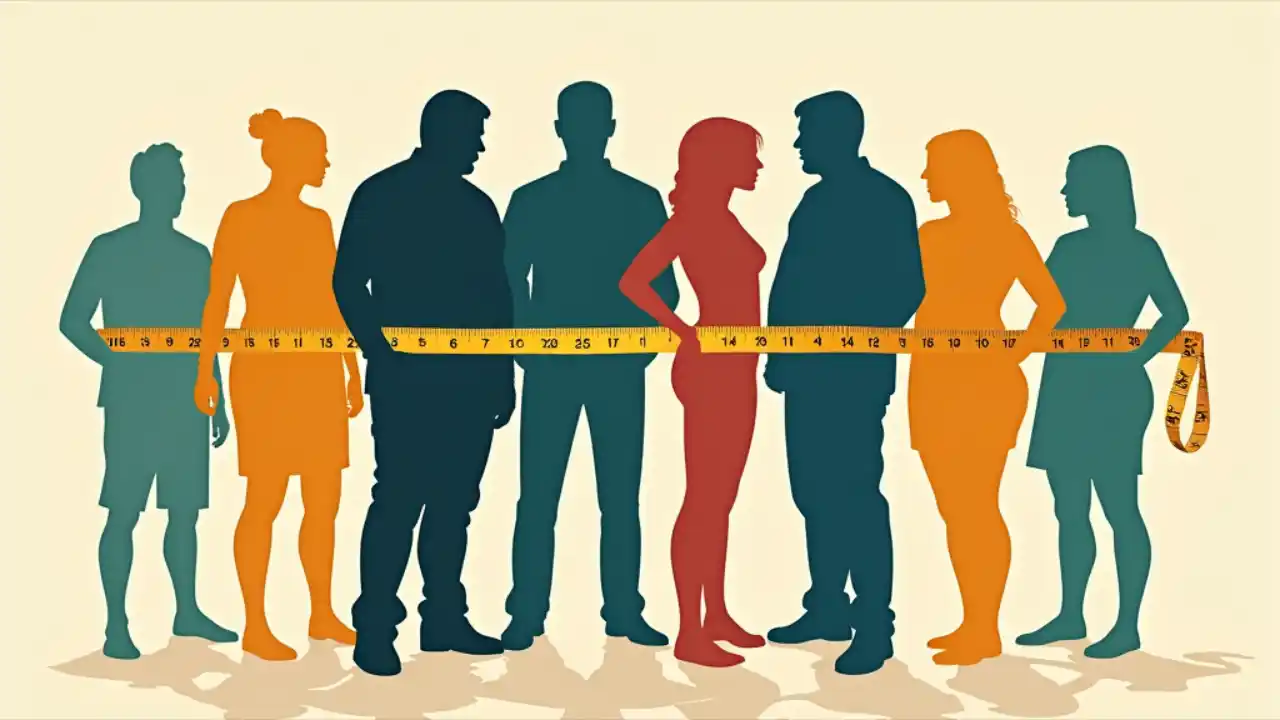 A silhouette of diverse people standing together with a measuring tape wrapped around them, symbolizing the collective effort to raise awareness about obesity and promote healthy living on National Obesity Day