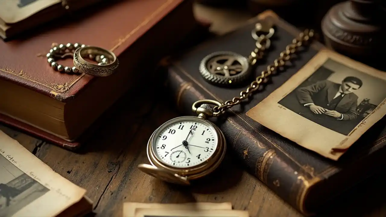 A vintage collection featuring antique items including an old pocket watch, weathered books, sepia photographs, and retro trinkets arranged on a rustic wooden table, symbolizing the celebration of National Old Stuff Day