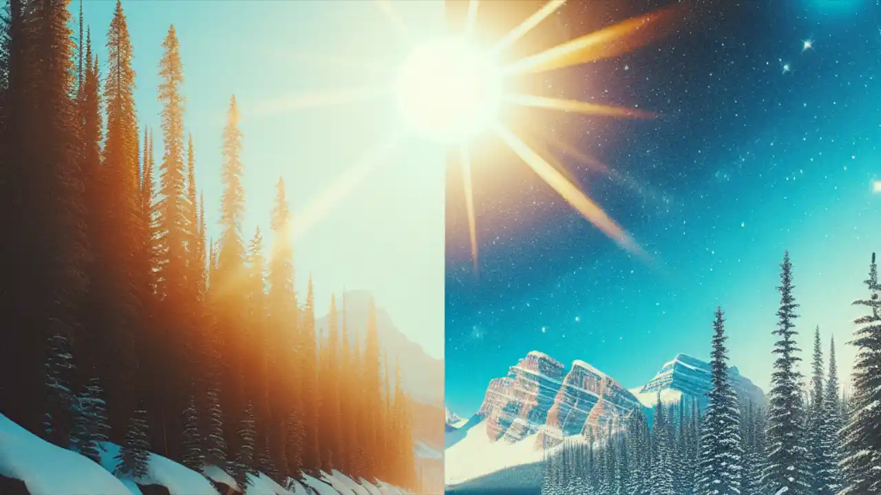 A playful split image showing contrasting opposites: day and night, black and white, up and down arrows, symbolizing the fun spirit of National Opposite Day