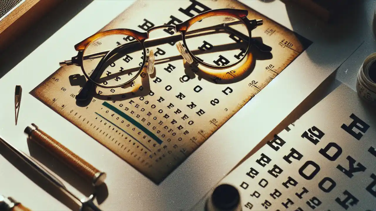 A pair of professional optometry glasses next to an eye examination chart, symbolizing eye care and vision health.