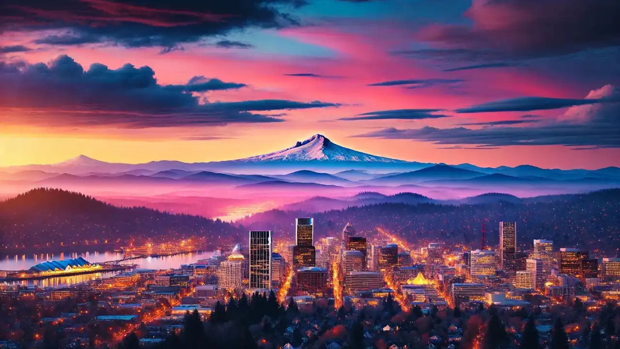 National Oregon Day, featuring a stunning view of Portland with Mount Hood in the background during sunset.