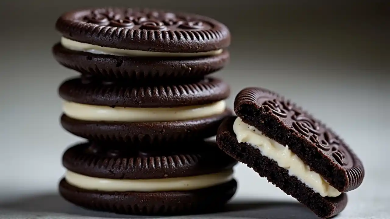 A close-up view of classic Oreo cookies stacked together showing their iconic black wafers and white cream filling, with one cookie split open to reveal the creamy center