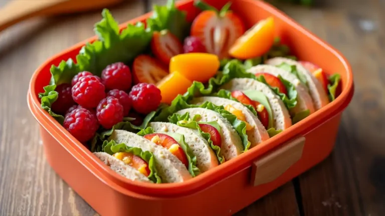 A colorful bento-style lunchbox filled with fresh sandwiches, fruits, and healthy snacks arranged neatly on a wooden surface, ready for National Pack Your Lunch Day