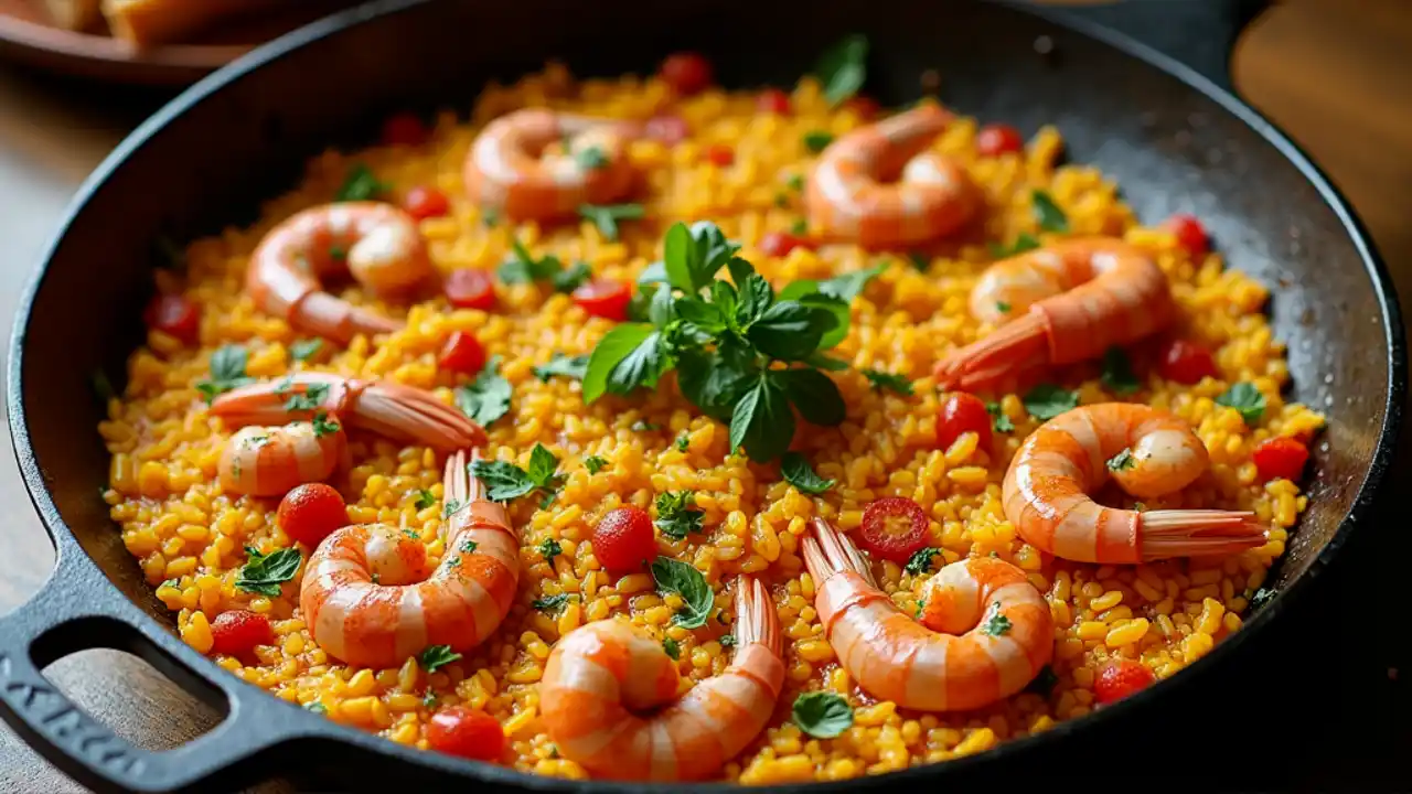 Traditional Spanish paella with seafood and saffron rice in a pan