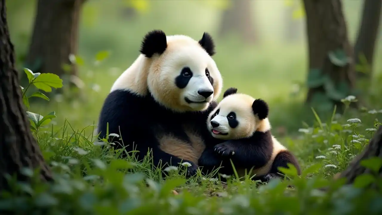 Adorable giant panda resting in a lush green forest, symbolizing National Panda Day