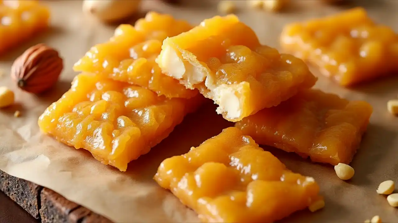 A golden piece of homemade peanut brittle candy with visible whole peanuts, cracked to show its glossy, crisp texture