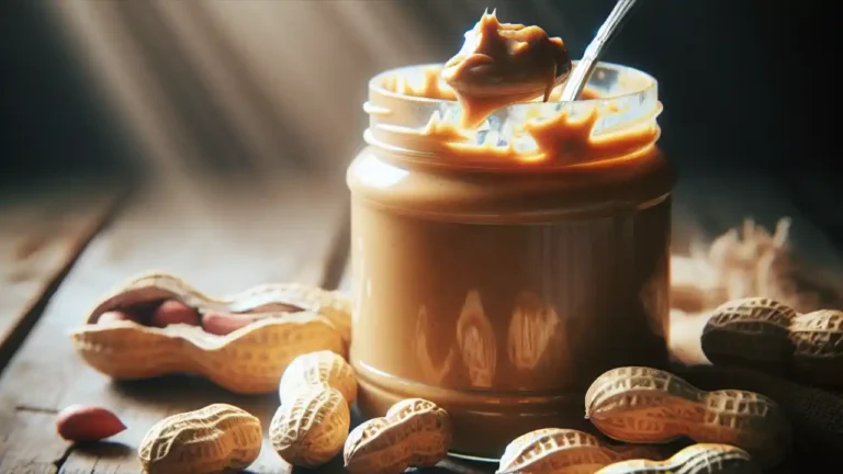 A jar of creamy peanut butter with a silver spoon scooping out a swirled dollop, set against a warm wooden background with scattered whole peanuts