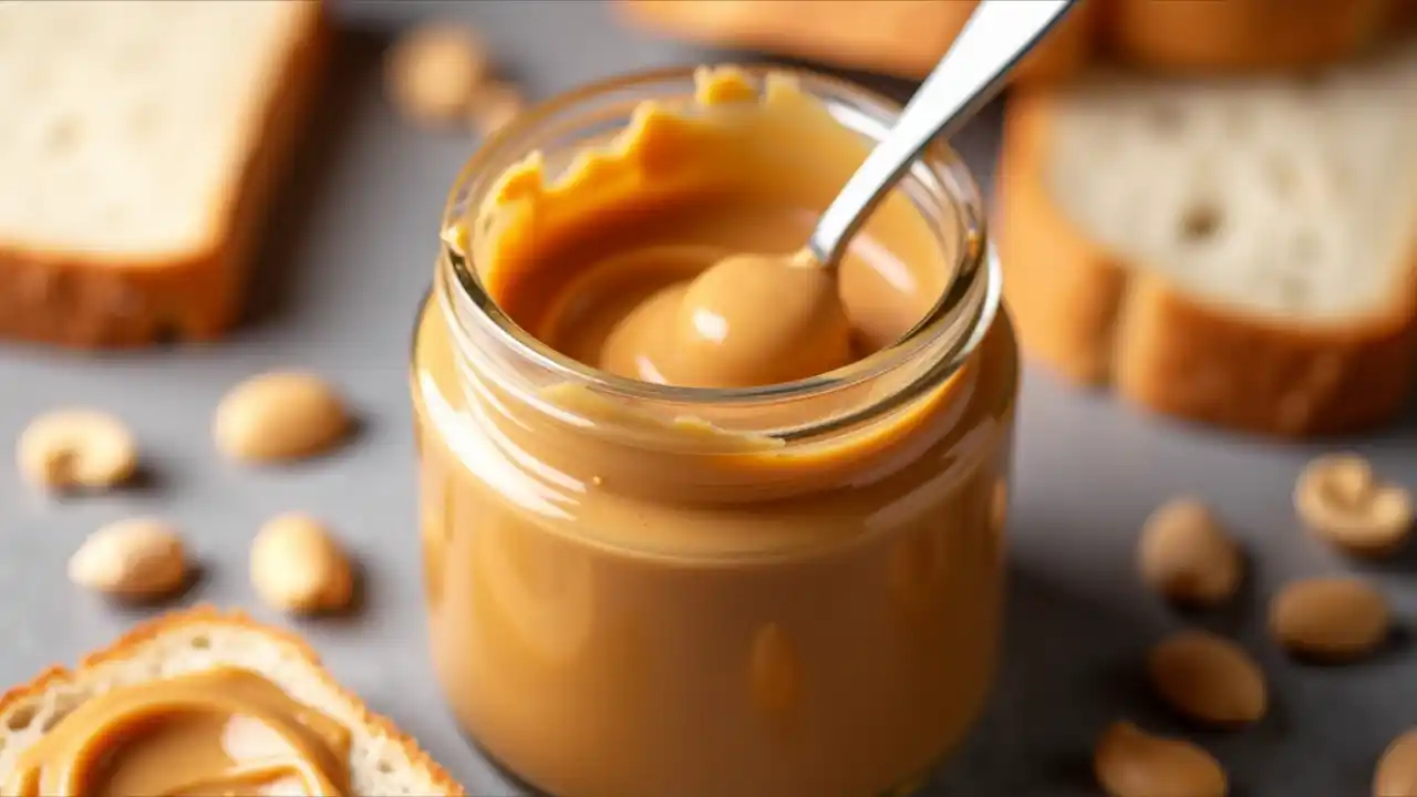 A jar of creamy peanut butter with a spoon scooping out a generous dollop, surrounded by scattered peanuts and sliced bread