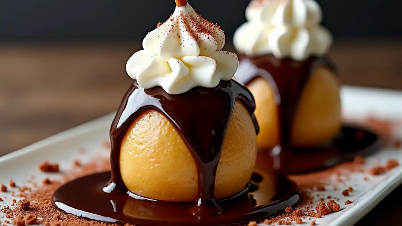 Delicious Pears Helene dessert topped with chocolate sauce and whipped cream