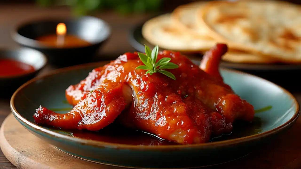 A beautifully arranged plate of crispy Peking duck, garnished with fresh vegetables and served with pancakes and hoisin sauce, celebrating National Peking Duck Day