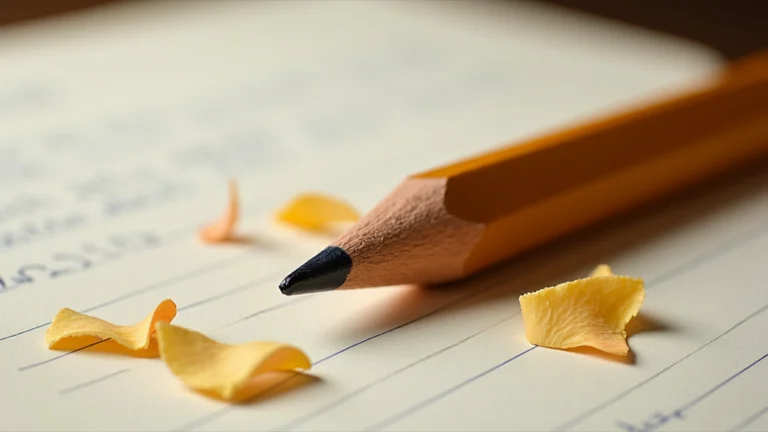 A vintage wooden pencil resting on an open notebook, with pencil shavings scattered around, symbolizing the celebration of National Pencil Day