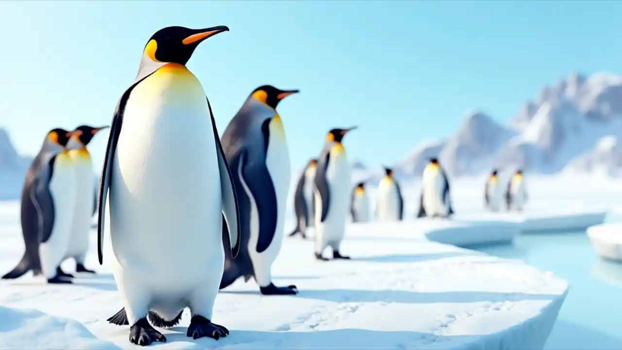 A group of penguins standing on icy terrain, celebrating National Penguin Awareness Day with a bright blue sky in the background