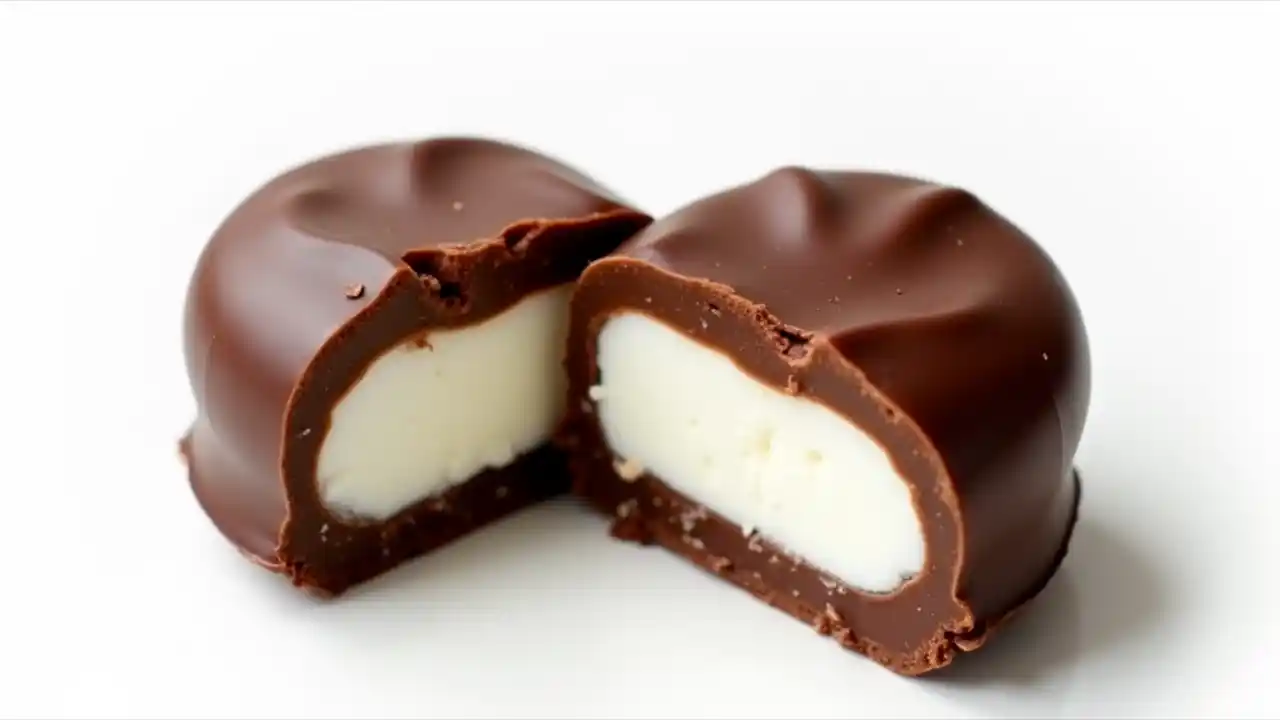 A round, dark chocolate peppermint patty split in half revealing a white, creamy mint filling against a clean white background