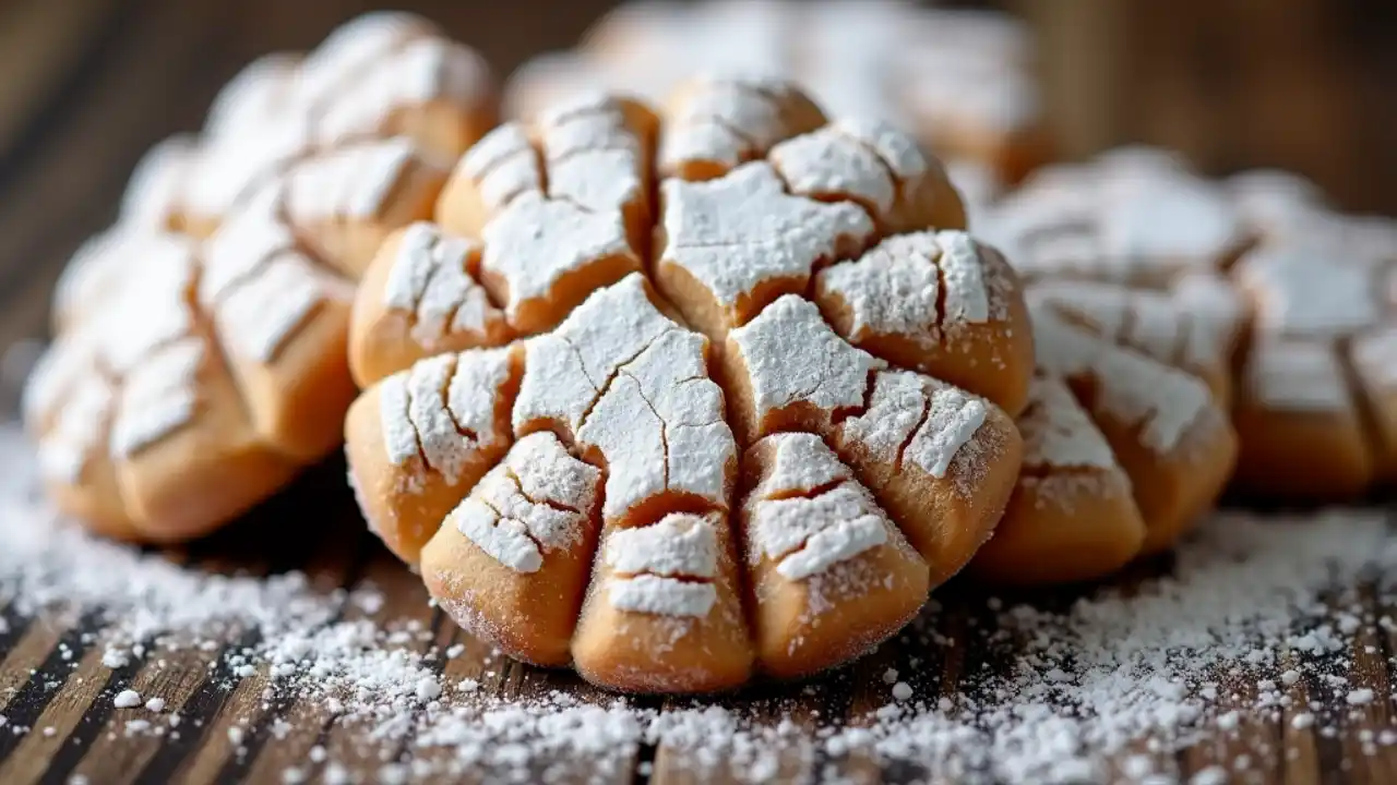 A close-up shot of traditional German Pfeffernusse cookies dusted with powdered sugar, showcasing their round shape and crackled texture against a rustic wooden surface