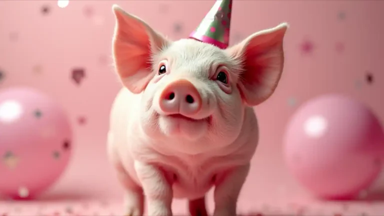 A smiling pink pig with a party hat celebrating National Pig Day, surrounded by festive decorations and confetti