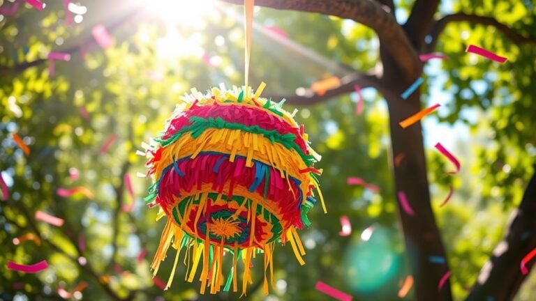 A vibrant, colorful piñata hanging from a tree branch, surrounded by confetti, with sunlight filtering through leaves, creating a joyful, festive atmosphere