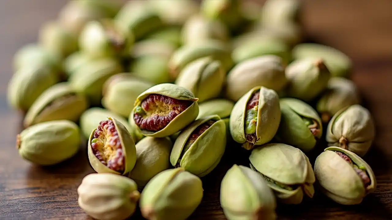 A close-up photo of fresh, vibrant green pistachios scattered on a rustic wooden surface, with some nuts cracked open revealing their delicious kernels