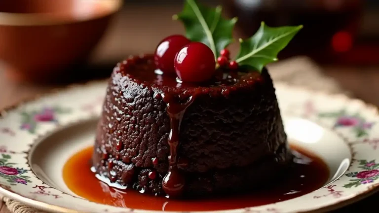 A traditional dark brown plum pudding decorated with holly leaves and berries, steaming hot and drizzled with brandy sauce on a vintage Christmas plate