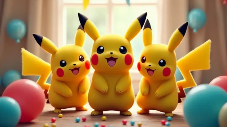 A colorful illustration featuring Pikachu and other popular Pokemon characters celebrating together with party hats, balloons, and confetti against a festive background