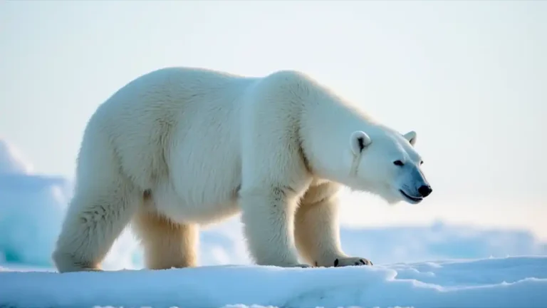 A majestic polar bear standing on Arctic sea ice against a snowy backdrop, symbolizing the importance of conservation efforts highlighted on February 27th's International Polar Bear Day