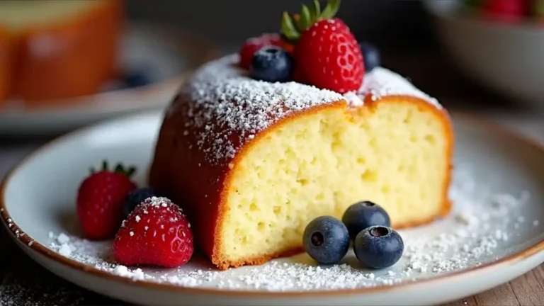 A slice of golden pound cake on a vintage plate, garnished with fresh berries and a dusting of powdered sugar, celebrating National Pound Cake Day