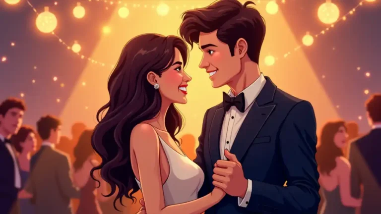 A young couple in formal attire, the girl wearing a sparkly prom dress and the boy in a tuxedo, dancing and smiling under decorative lights at their high school prom celebration.