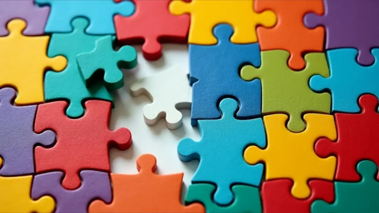 A colorful jigsaw puzzle with scattered pieces and one piece being placed into the center, symbolizing the celebration of National Puzzle Day