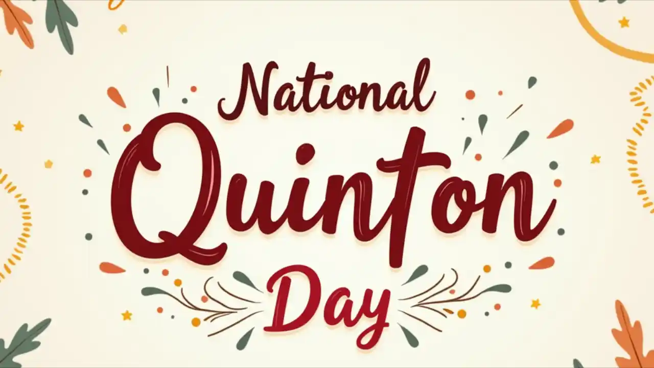 A decorative banner featuring the text "National Quinton Day" with elegant lettering, adorned with celebratory elements and a subtle background pattern