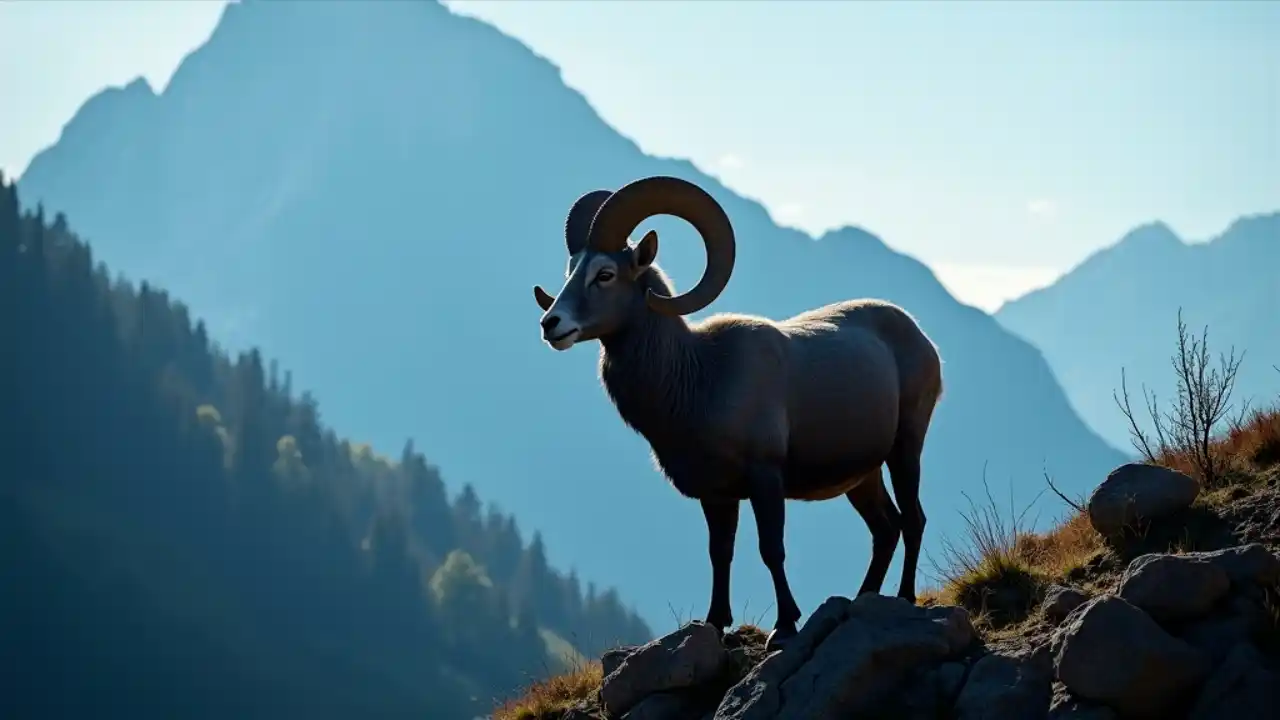 A majestic ram with curved horns standing proudly on a rocky mountain slope, silhouetted against a clear blue sky, symbolizing strength and resilience on National Ram Day