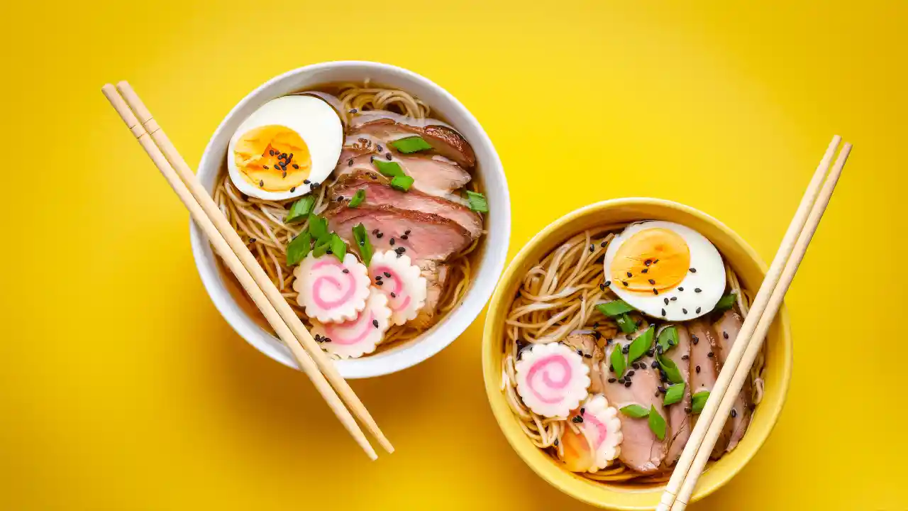 Traditional ramen soup with brisket, spinach, and egg for National Ramen Day.