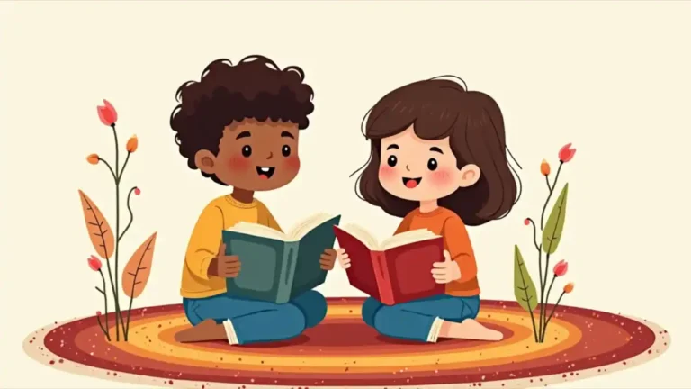 A diverse group of children sitting in a circle on a colorful reading rug, eagerly reading books together while surrounded by stacks of their favorite stories, celebrating National Read Across America Day