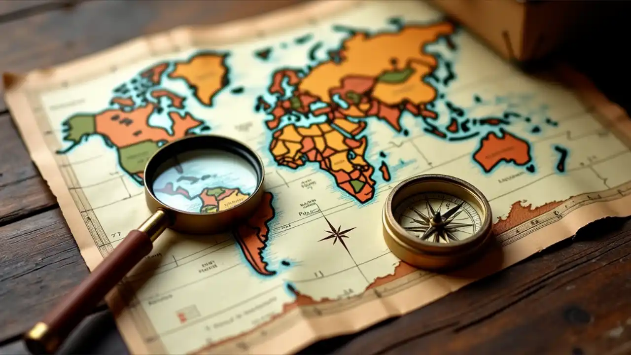 Paper road map spread out with a compass and magnifying glass on a wooden table