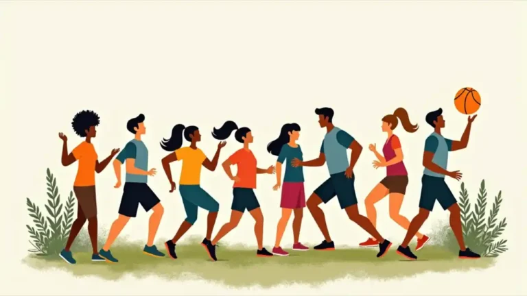 A diverse group of people exercising outdoors, participating in various recreational sports and fitness activities like jogging, cycling, and playing basketball, symbolizing health and community wellness.