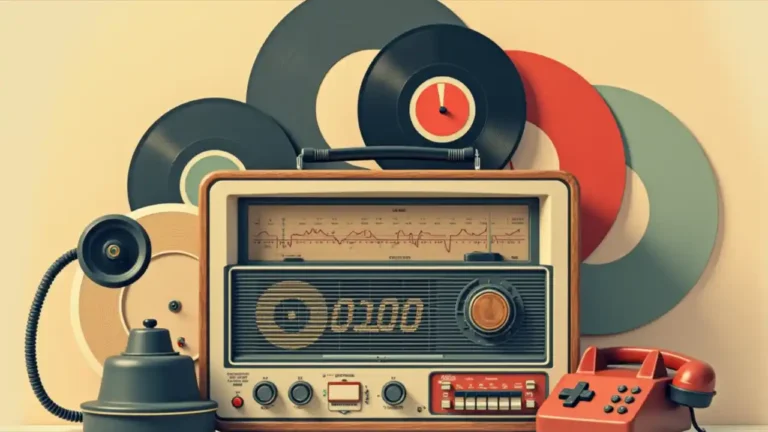 A vintage collage featuring iconic items from past decades including a retro radio, vinyl records, classic video game controller, and old-style telephone against a nostalgic pastel background