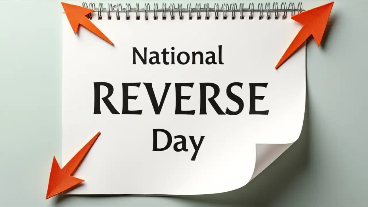 A calendar page being flipped backwards with playful arrows pointing in reverse direction, symbolizing the whimsical nature of National Reverse Day