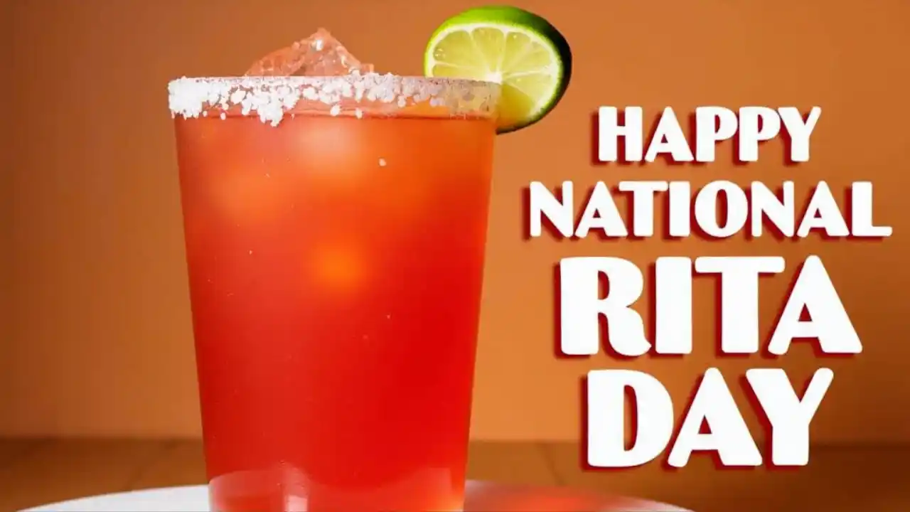 A colorful frozen margarita glass filled with a bright red Rita cocktail, garnished with a lime wedge and salt rim, set against a festive background celebrating National Rita Day