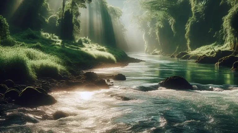 A scenic view of a winding river surrounded by lush green banks, with sunlight reflecting off the calm water surface, symbolizing the celebration of National River Day
