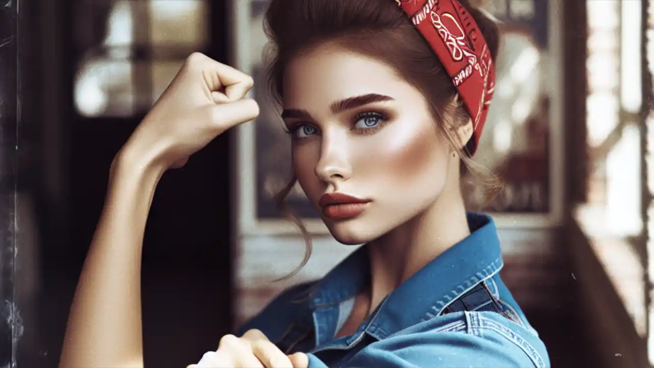 An iconic "We Can Do It!" poster showing Rosie the Riveter flexing her arm in a blue work shirt and red bandana, symbolizing the millions of women who joined the American workforce during World War II