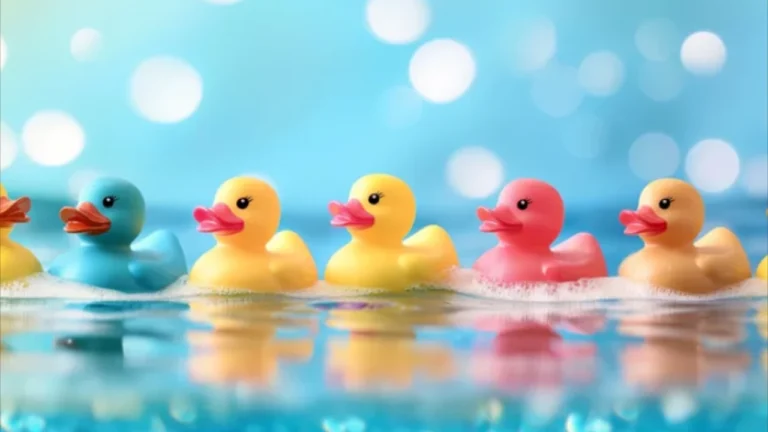 Colorful rubber ducks floating in water for National Rubber Ducky Day