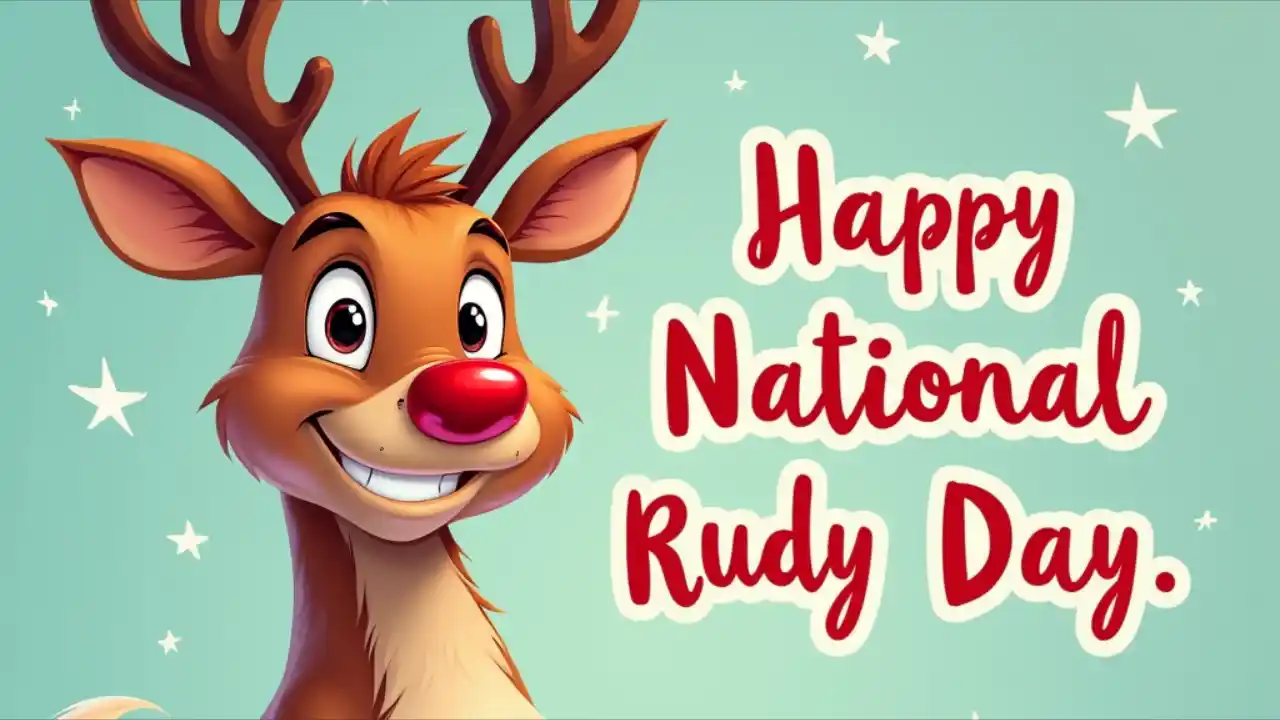 A cartoon illustration of a red-nosed reindeer smiling warmly, with "National Rudy Day" text overlaid in festive holiday typography